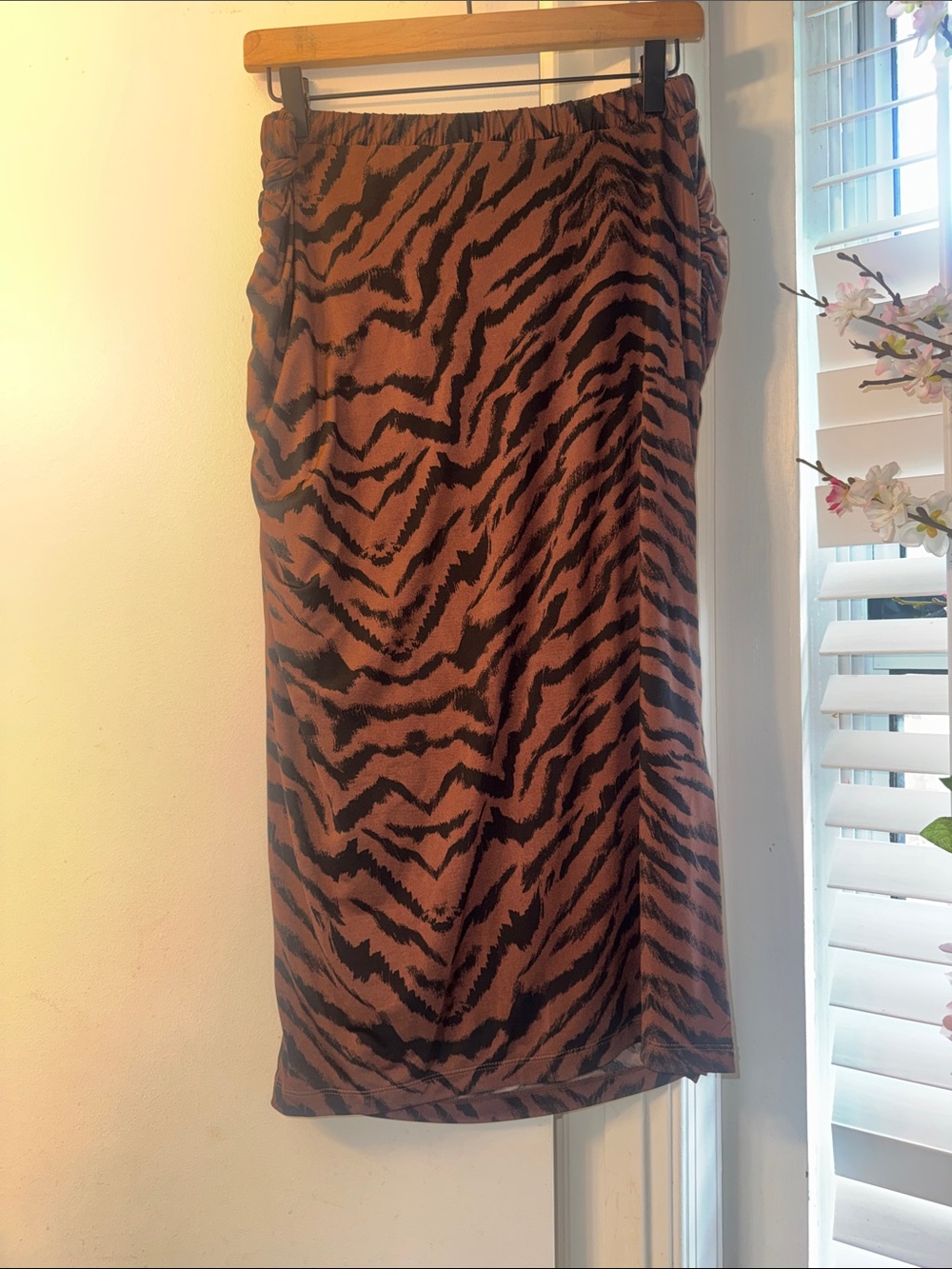 Express Brown and Black Tiger-Print Midi Skirt with Draped Front